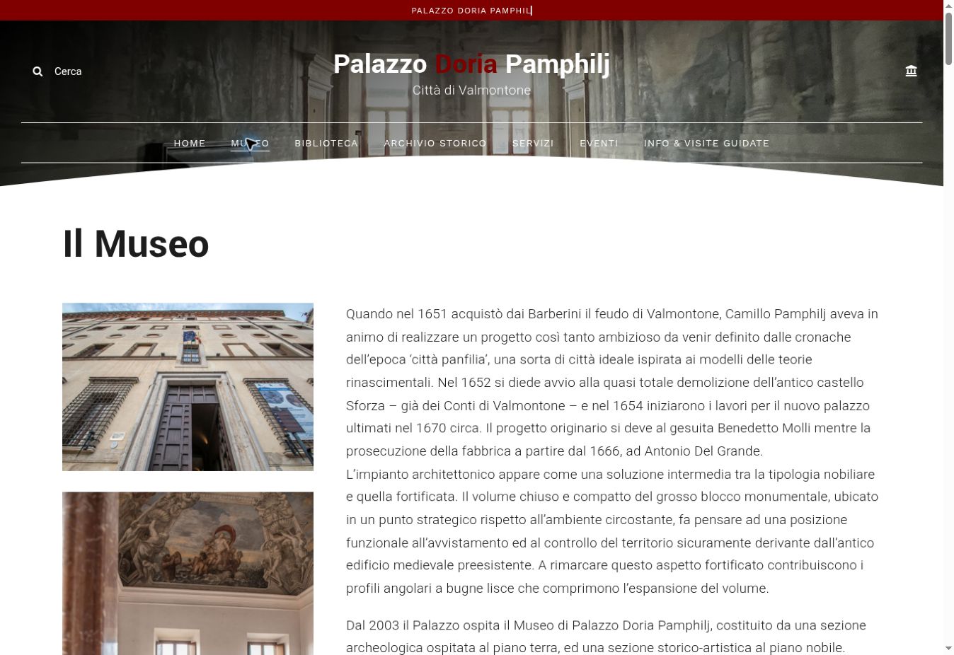 Screenshot reale del sito Palazzo Doria Pamphilj, pagina Il Museo