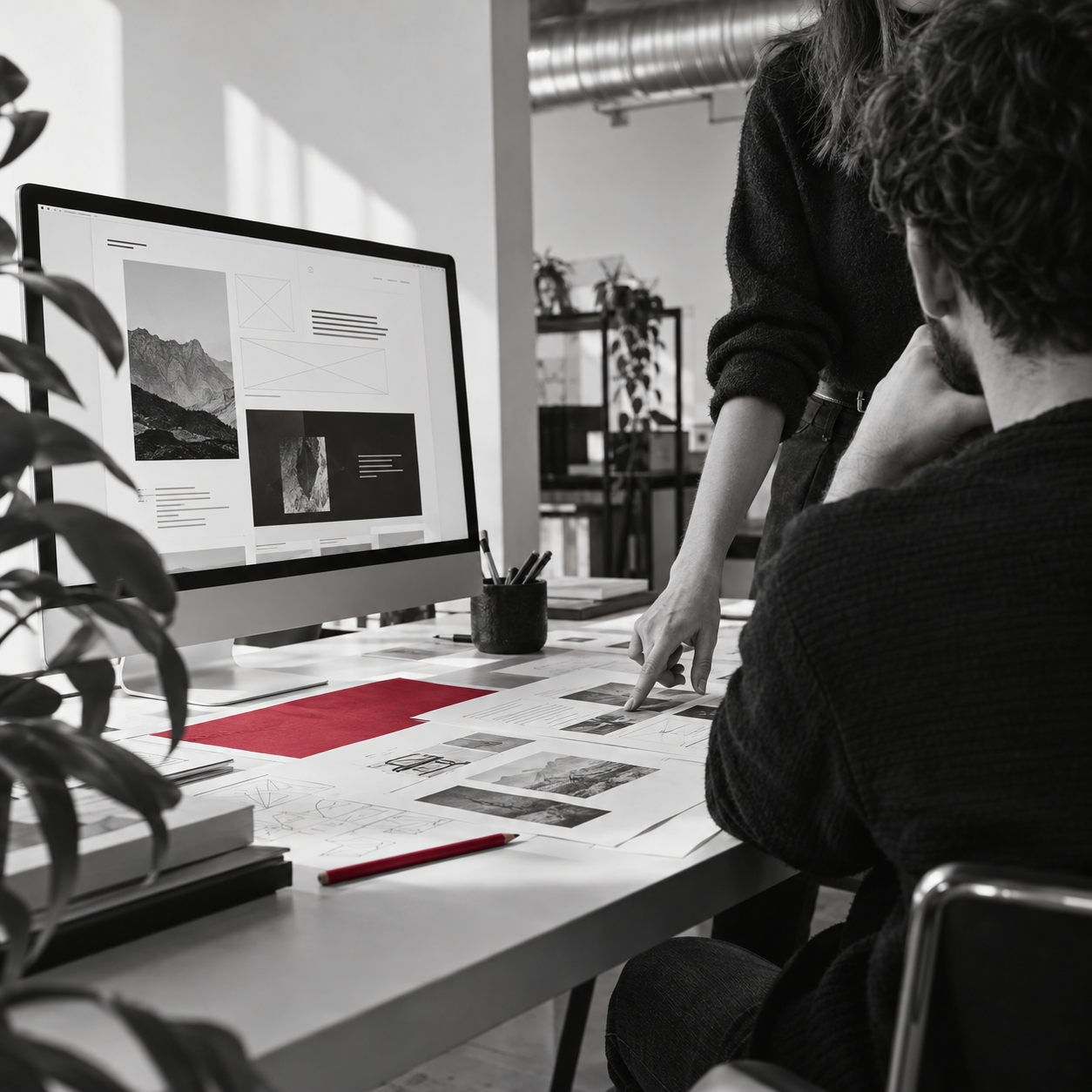 Progettazione web: confronto su layout e materiali creativi, in bianco e nero con accenti rossi